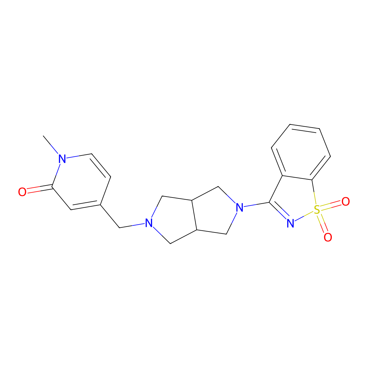 4-[[5-(1,1-Dioxo-1,2-benzothiazol-3-yl)-1,3,3a,4,6,6a-hexahydropyrrolo[3,4-c]pyrrol-2-yl]methyl]-1-methylpyridin-2-one molecular structure, CAS 2742043-75-8