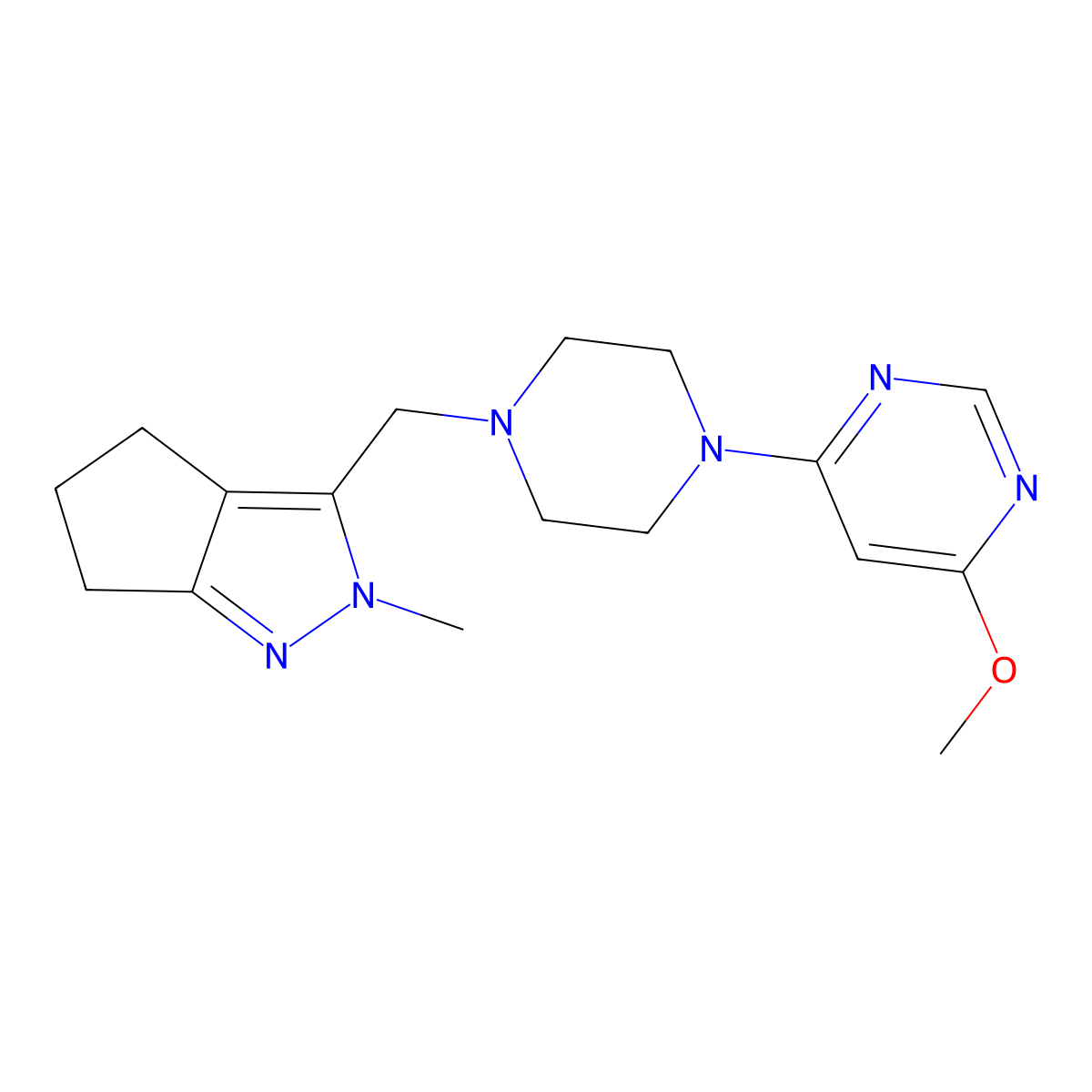 4-methoxy-6-[4-({2-methyl-2H,4H,5H,6H-cyclopenta[c]pyrazol-3-yl}methyl)piperazin-1-yl]pyrimidine molecular structure, CAS 2742043-81-6