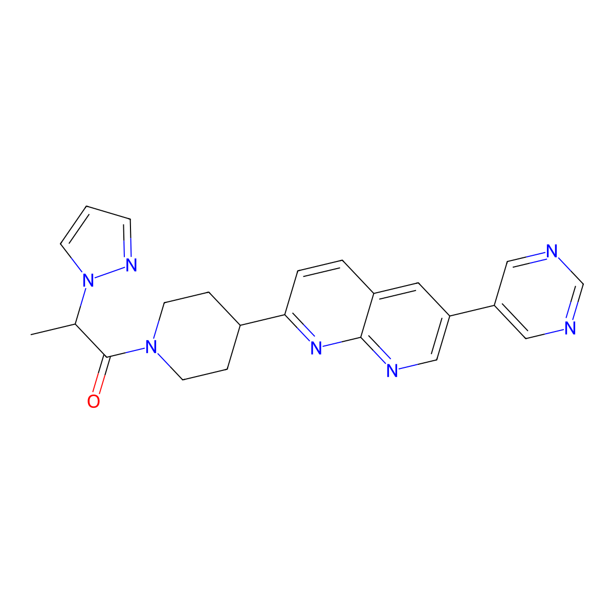 2-Pyrazol-1-yl-1-[4-(6-pyrimidin-5-yl-1,8-naphthyridin-2-yl)piperidin-1-yl]propan-1-one molecular structure, CAS 2742043-84-9