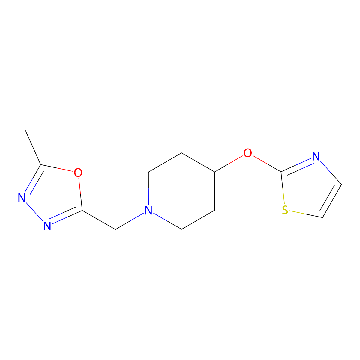 1-[(5-Methyl-1,3,4-oxadiazol-2-yl)methyl]-4-(1,3-thiazol-2-yloxy)piperidine molecular structure, CAS 2742043-85-0