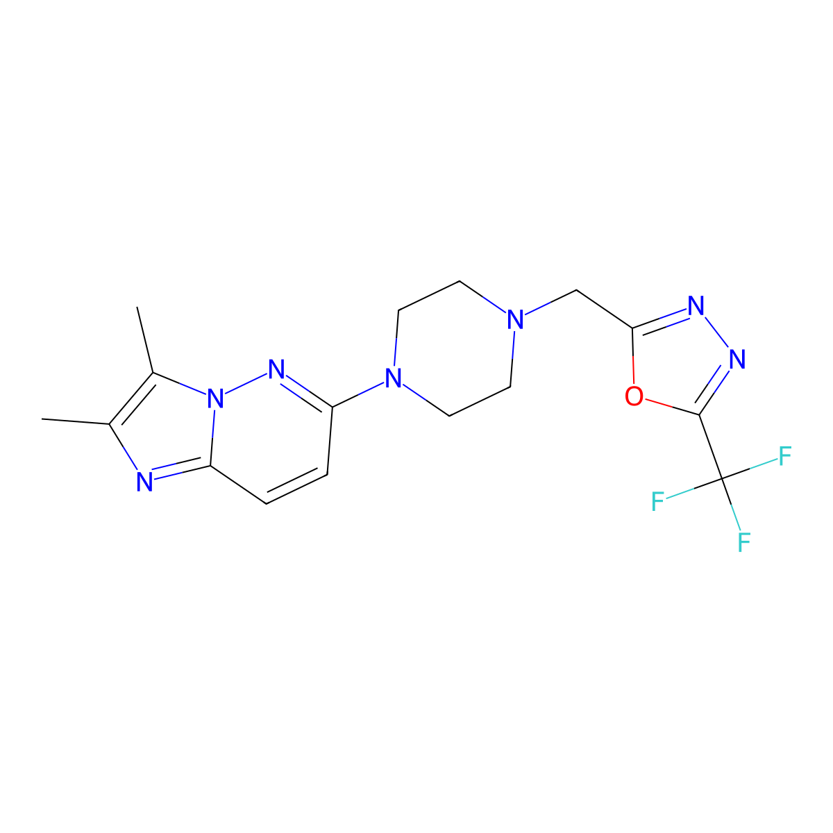 1-{2,3-Dimethylimidazo[1,2-b]pyridazin-6-yl}-4-{[5-(trifluoromethyl)-1,3,4-oxadiazol-2-yl]methyl}piperazine molecular structure, CAS 2742043-88-3
