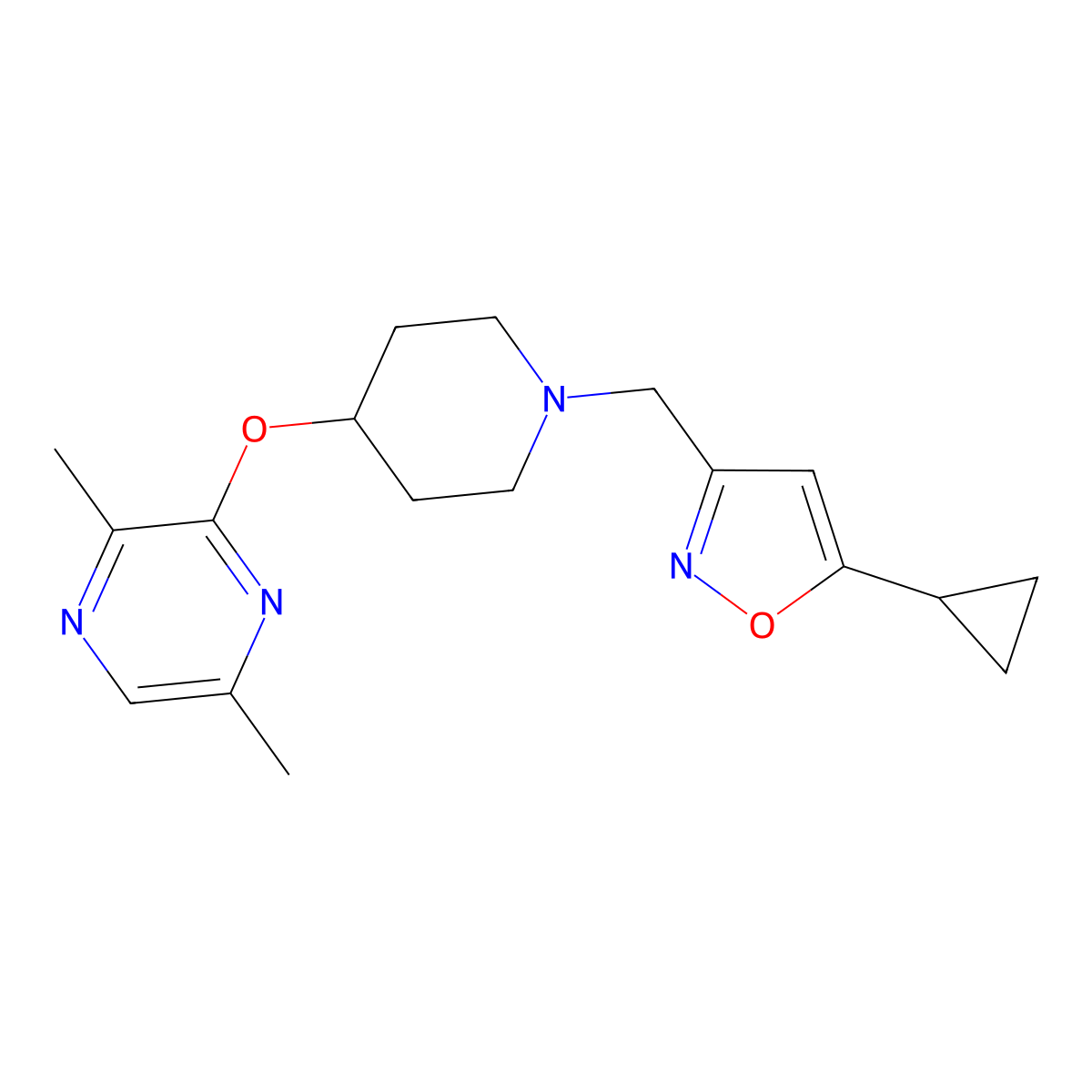 3-({1-[(5-Cyclopropyl-1,2-oxazol-3-yl)methyl]piperidin-4-yl}oxy)-2,5-dimethylpyrazine molecular structure, CAS 2742043-92-9