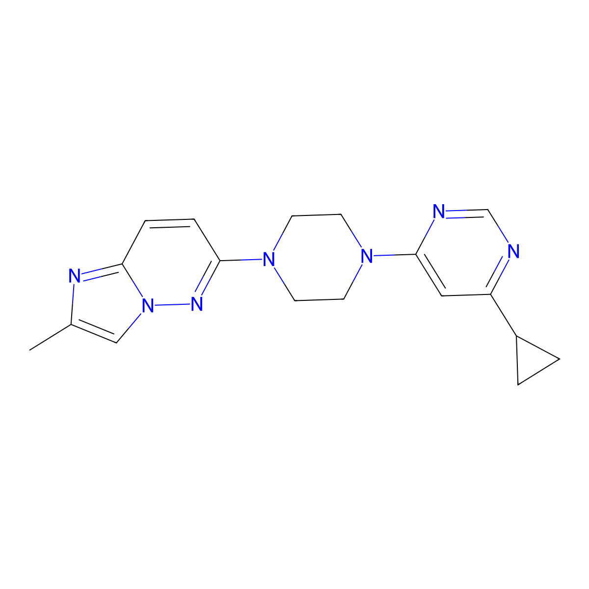 4-Cyclopropyl-6-(4-{2-methylimidazo[1,2-b]pyridazin-6-yl}piperazin-1-yl)pyrimidine molecular structure, CAS 2742043-94-1