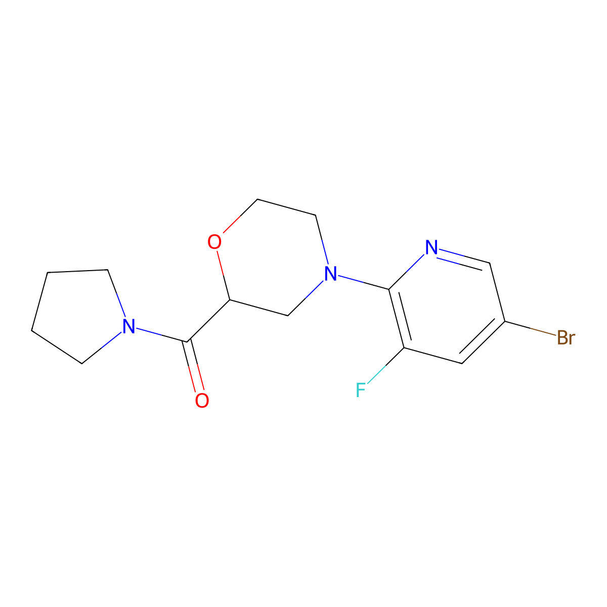 4-(5-Bromo-3-fluoropyridin-2-yl)-2-(pyrrolidine-1-carbonyl)morpholine molecular structure, CAS 2742043-95-2