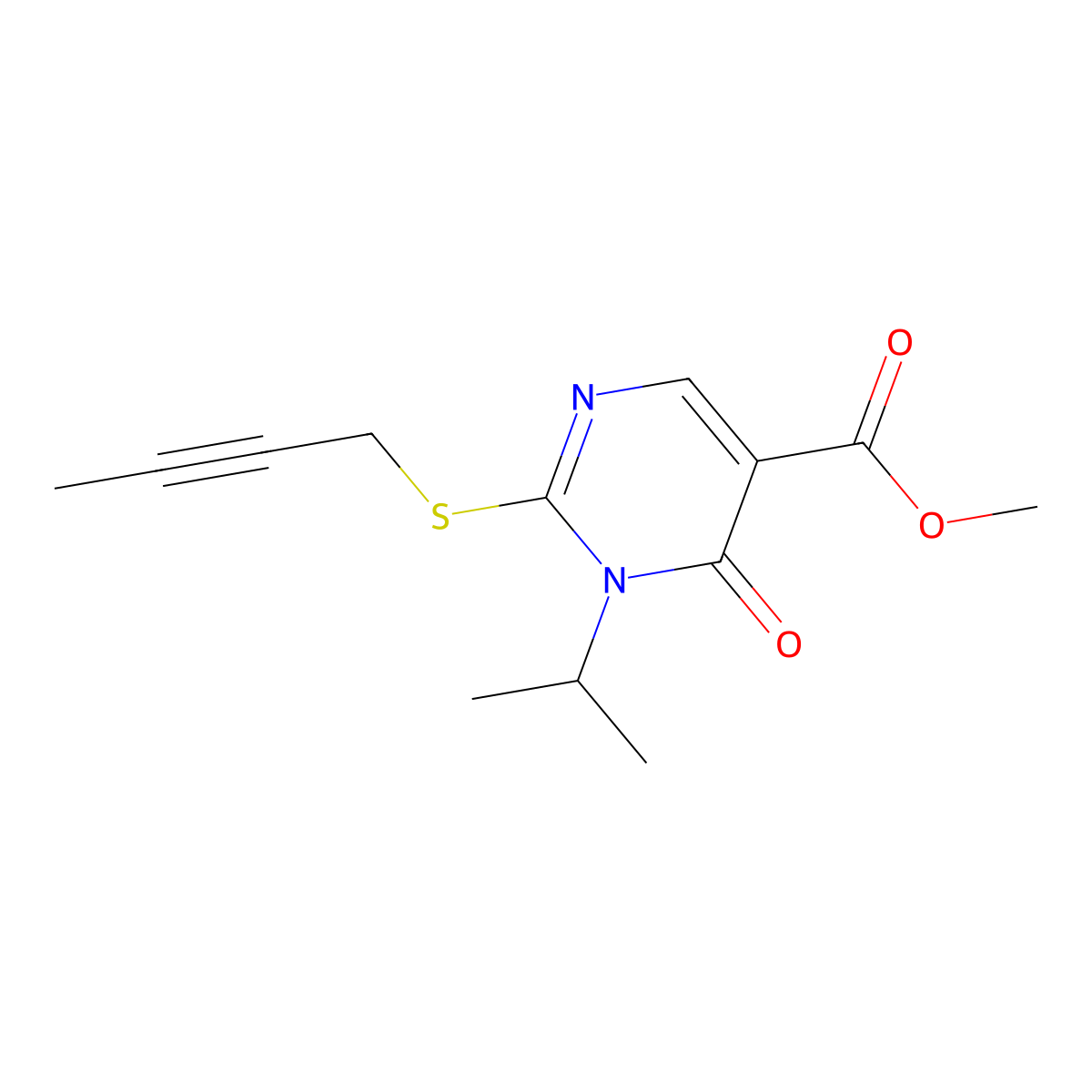 Methyl 2-(but-2-yn-1-ylsulfanyl)-6-oxo-1-(propan-2-yl)-1,6-dihydropyrimidine-5-carboxylate molecular structure, CAS 2742043-99-6