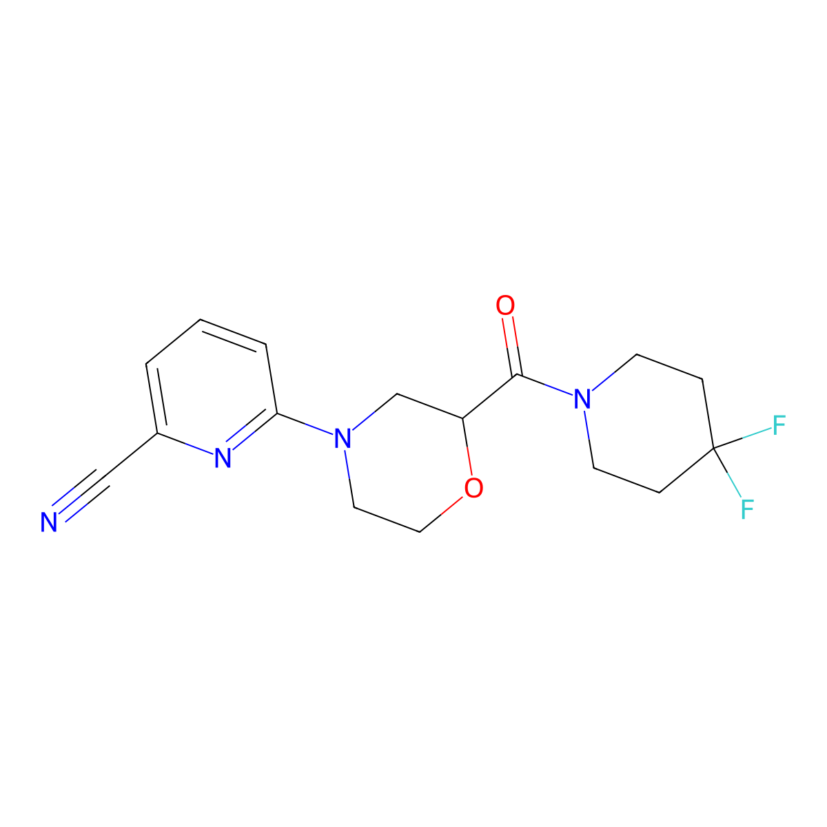 6-[2-(4,4-Difluoropiperidine-1-carbonyl)morpholin-4-yl]pyridine-2-carbonitrile molecular structure, CAS 2742044-00-2