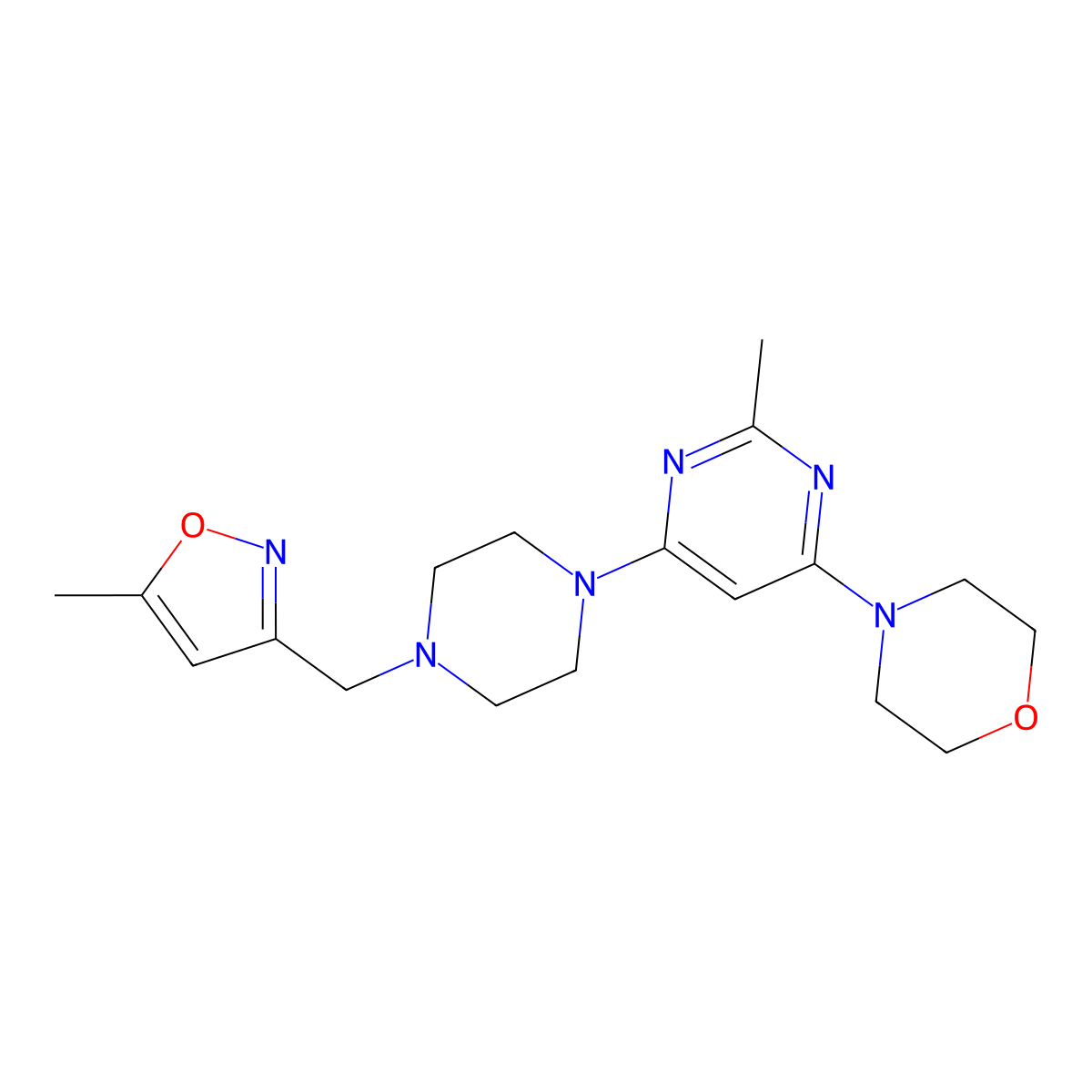 4-(2-Methyl-6-{4-[(5-methyl-1,2-oxazol-3-yl)methyl]piperazin-1-yl}pyrimidin-4-yl)morpholine molecular structure, CAS 2742044-12-6