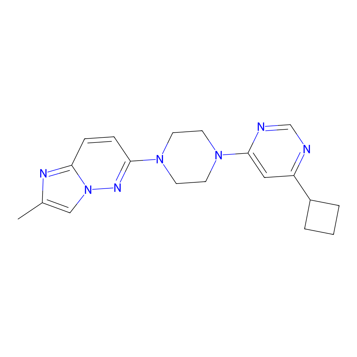 4-Cyclobutyl-6-(4-{2-methylimidazo[1,2-b]pyridazin-6-yl}piperazin-1-yl)pyrimidine molecular structure, CAS 2742044-20-6