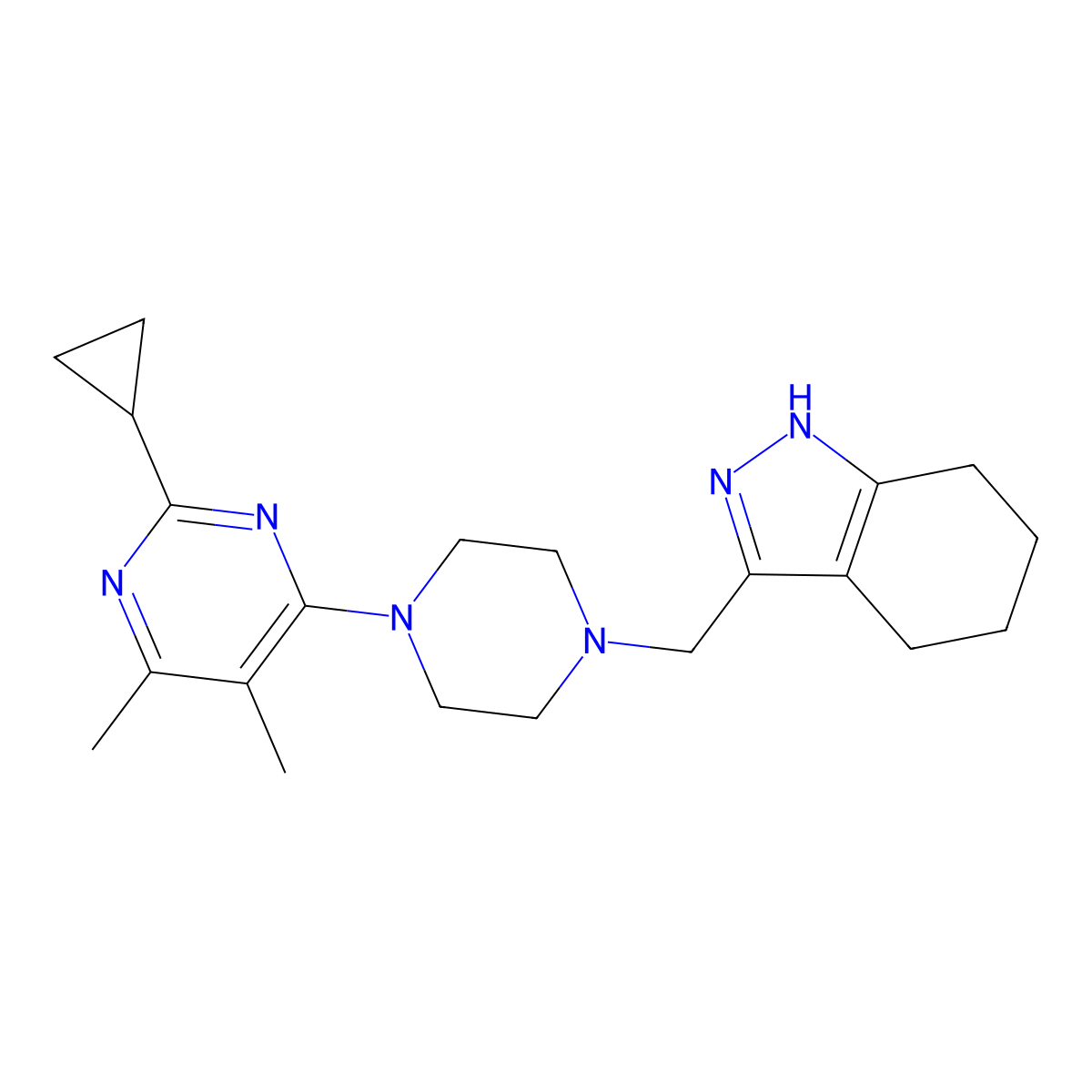 3-{[4-(2-cyclopropyl-5,6-dimethylpyrimidin-4-yl)piperazin-1-yl]methyl}-4,5,6,7-tetrahydro-1H-indazole molecular structure, CAS 2742044-22-8