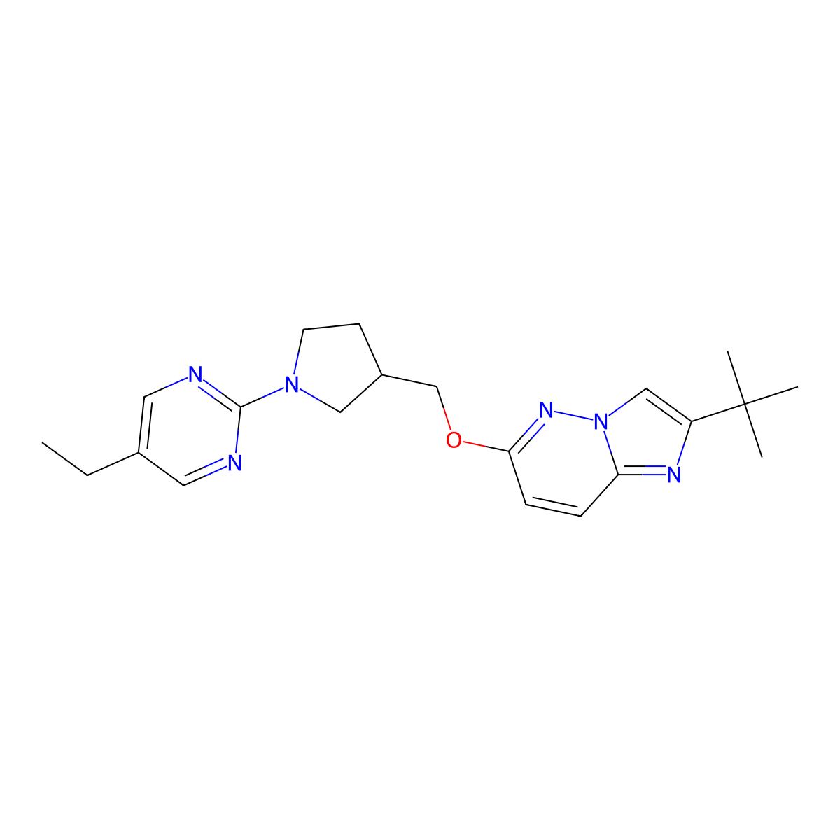 2-{3-[({2-Tert-butylimidazo[1,2-b]pyridazin-6-yl}oxy)methyl]pyrrolidin-1-yl}-5-ethylpyrimidine molecular structure, CAS 2742044-35-3