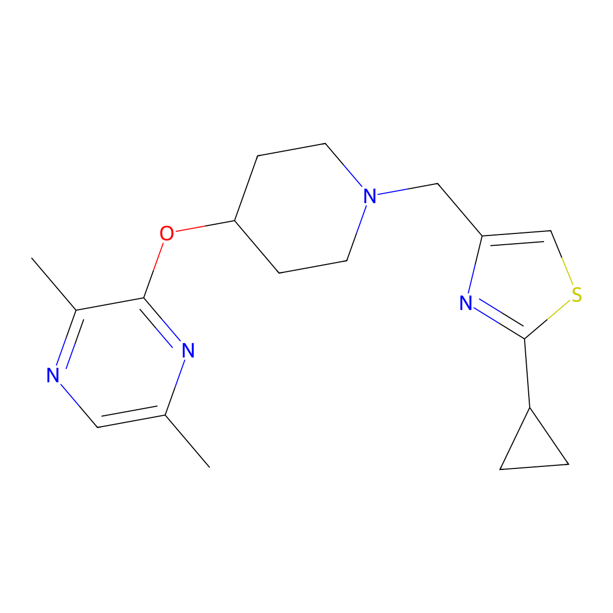 3-({1-[(2-Cyclopropyl-1,3-thiazol-4-yl)methyl]piperidin-4-yl}oxy)-2,5-dimethylpyrazine molecular structure, CAS 2742044-39-7