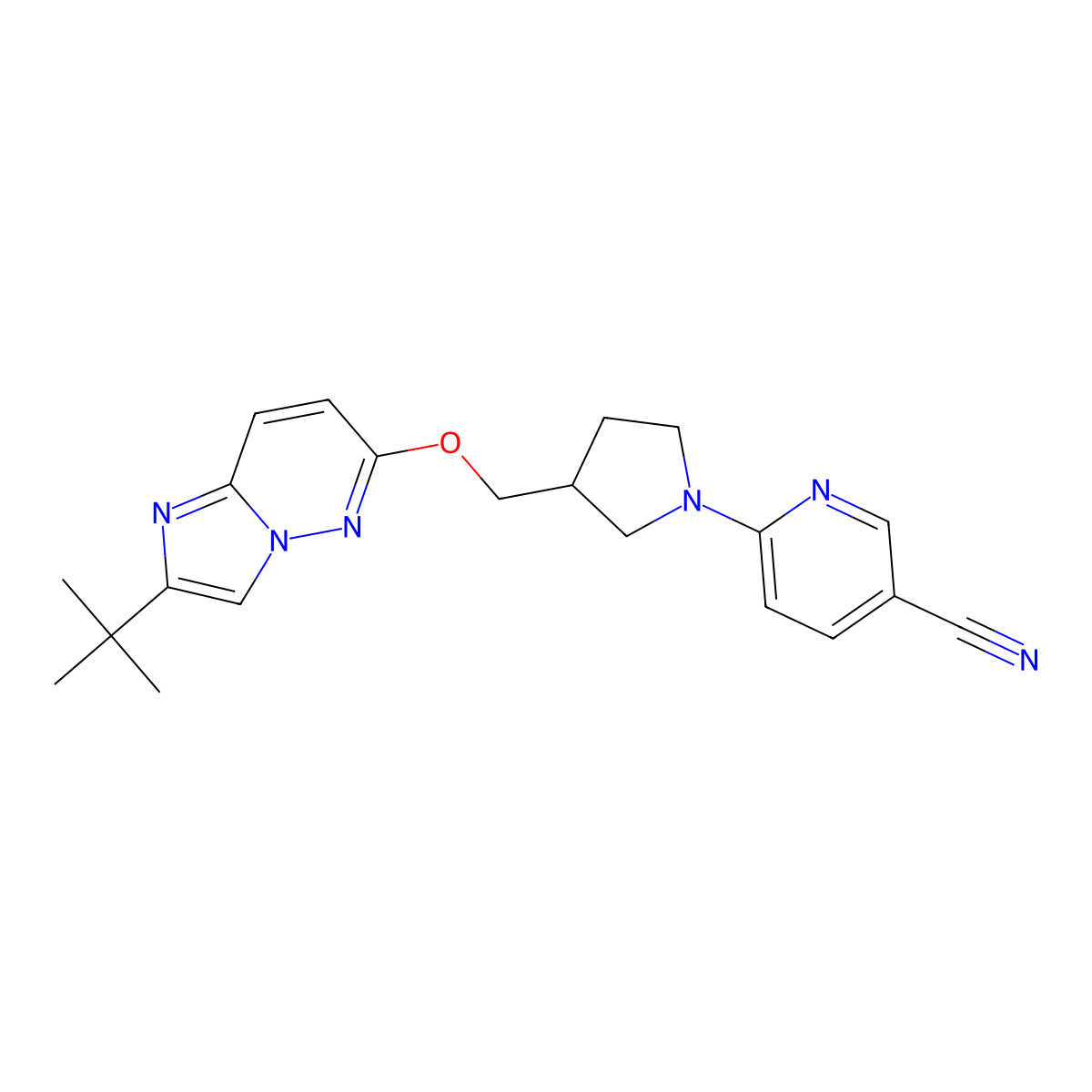 6-{3-[({2-Tert-butylimidazo[1,2-b]pyridazin-6-yl}oxy)methyl]pyrrolidin-1-yl}pyridine-3-carbonitrile molecular structure, CAS 2742044-51-3