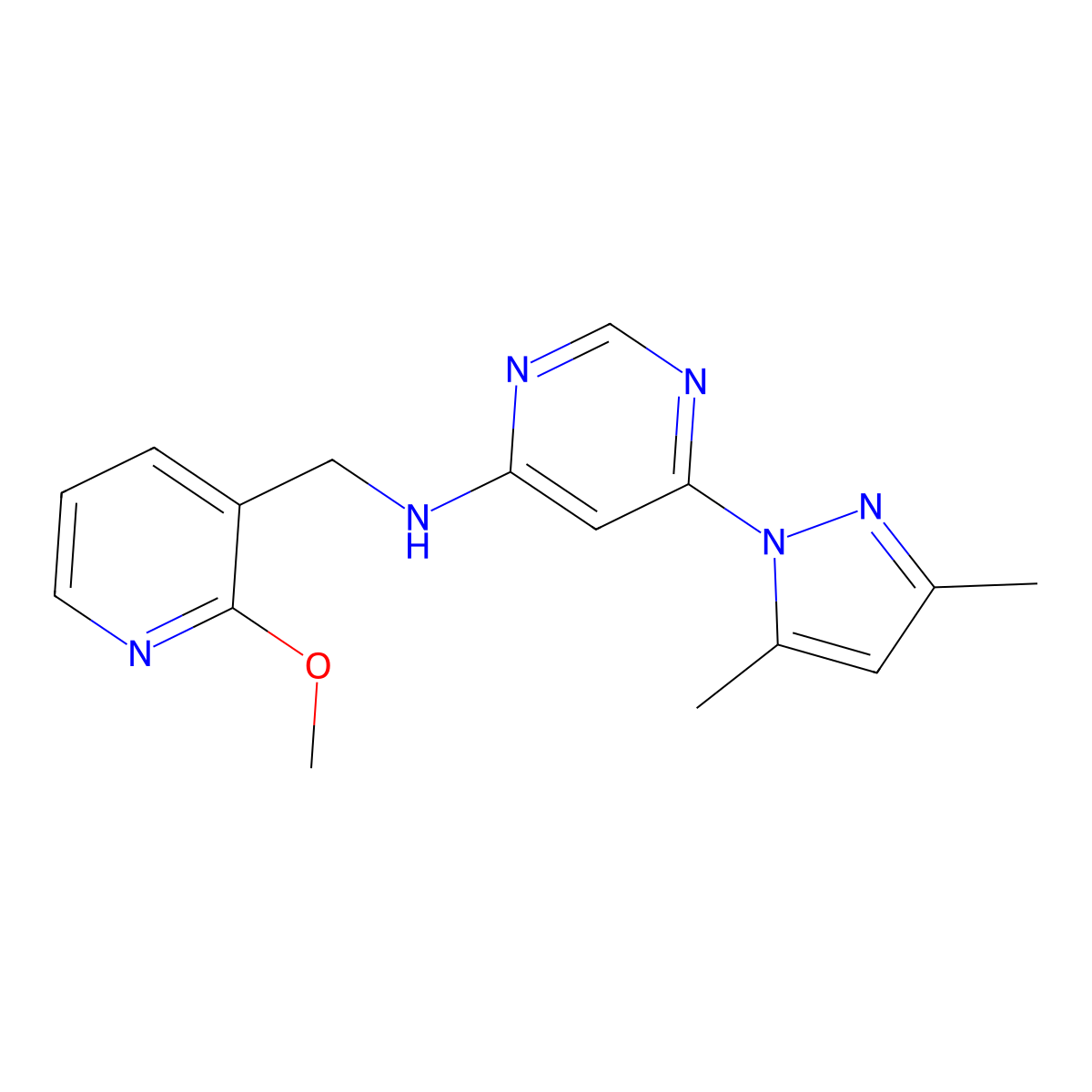 6-(3,5-dimethyl-1H-pyrazol-1-yl)-N-[(2-methoxypyridin-3-yl)methyl]pyrimidin-4-amine molecular structure, CAS 2742044-55-7