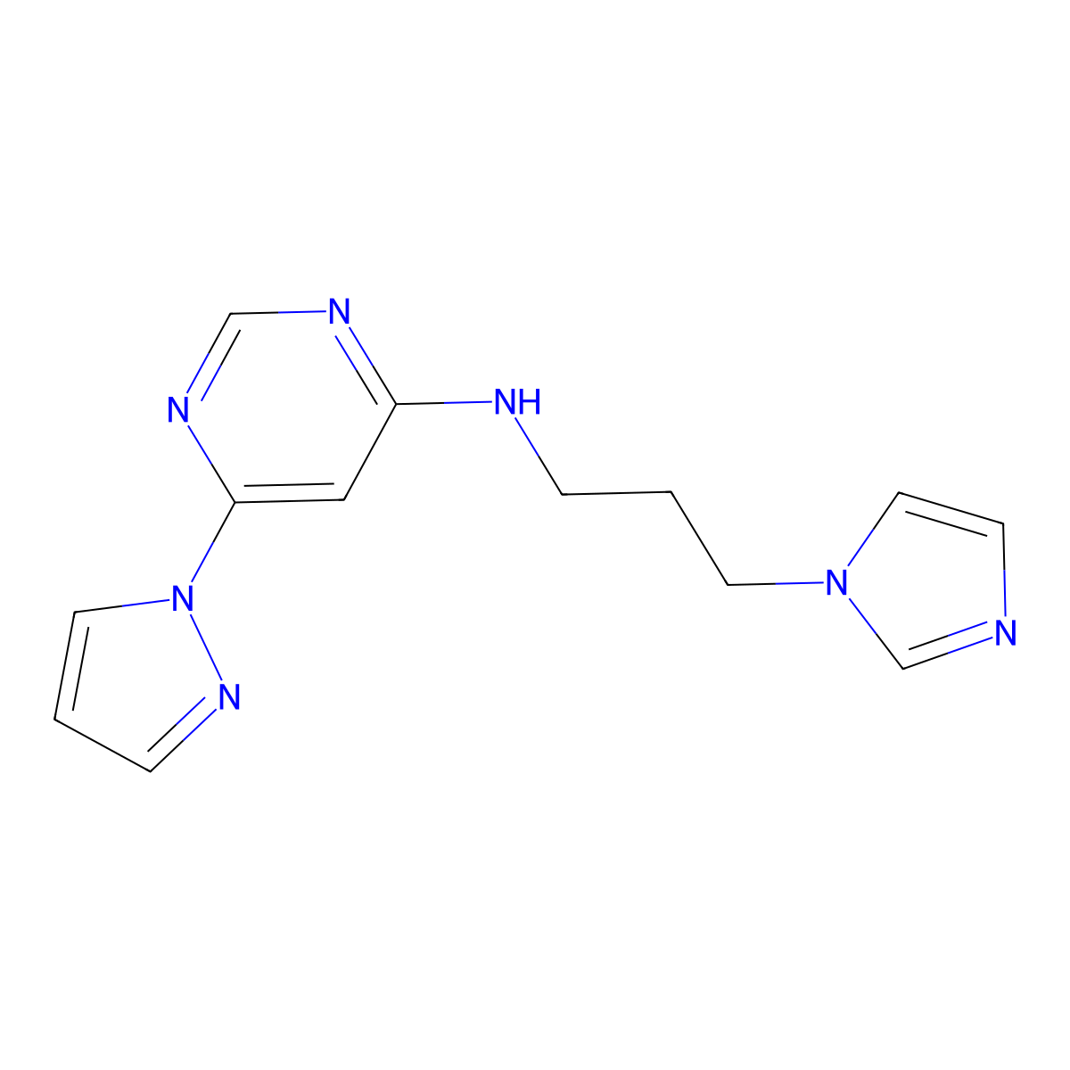 N-[3-(1H-imidazol-1-yl)propyl]-6-(1H-pyrazol-1-yl)pyrimidin-4-amine molecular structure, CAS 2742044-56-8