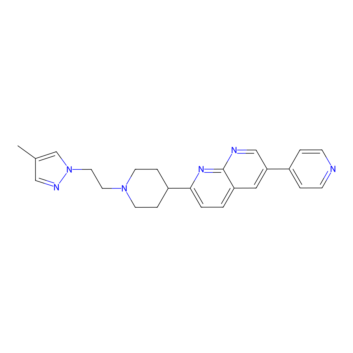 2-{1-[2-(4-methyl-1H-pyrazol-1-yl)ethyl]piperidin-4-yl}-6-(pyridin-4-yl)-1,8-naphthyridine molecular structure, CAS 2742044-68-2