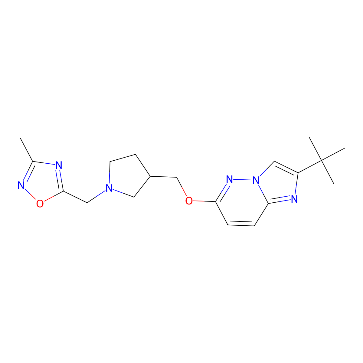 5-({3-[({2-Tert-butylimidazo[1,2-b]pyridazin-6-yl}oxy)methyl]pyrrolidin-1-yl}methyl)-3-methyl-1,2,4-oxadiazole molecular structure, CAS 2742044-72-8