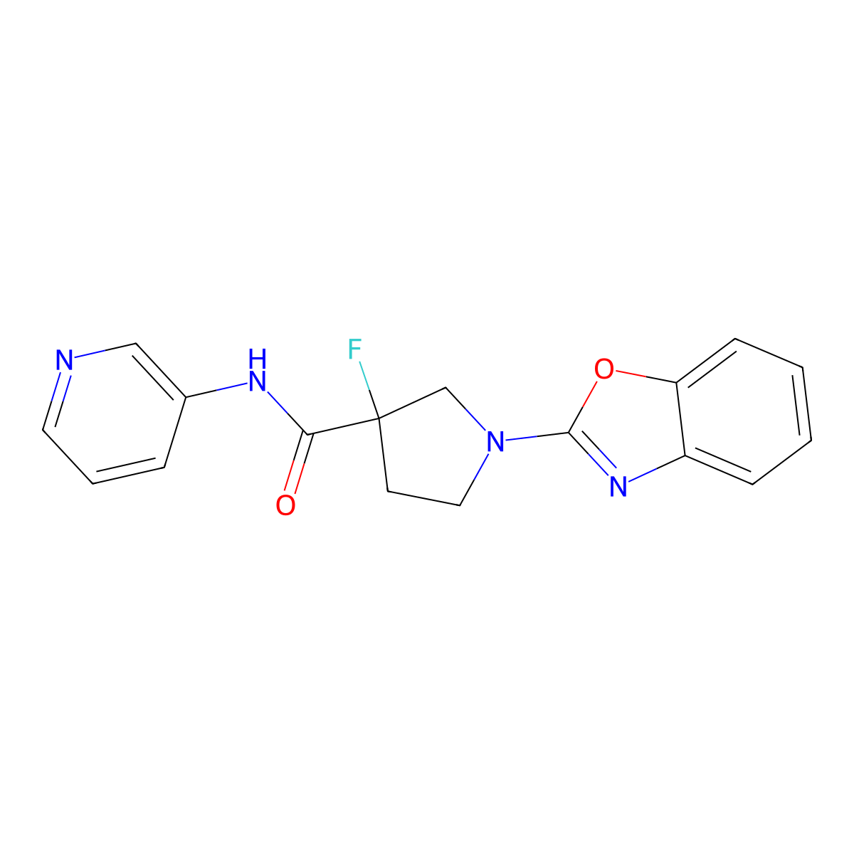 1-(1,3-benzoxazol-2-yl)-3-fluoro-N-(pyridin-3-yl)pyrrolidine-3-carboxamide molecular structure, CAS 2742044-73-9