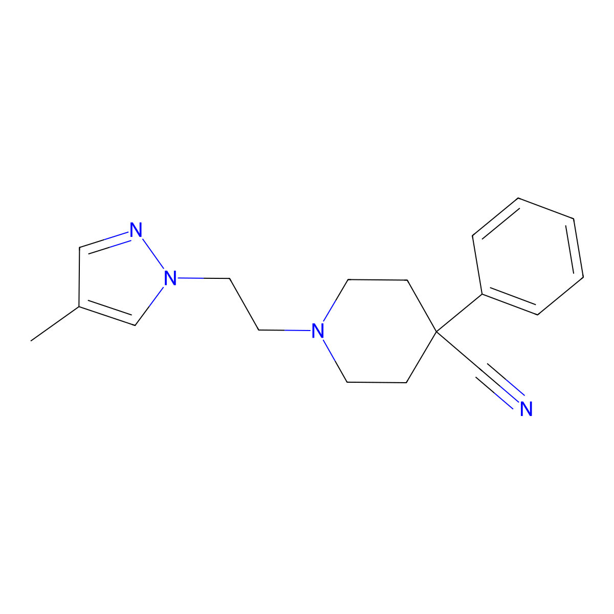 1-[2-(4-methyl-1H-pyrazol-1-yl)ethyl]-4-phenylpiperidine-4-carbonitrile molecular structure, CAS 2742044-83-1