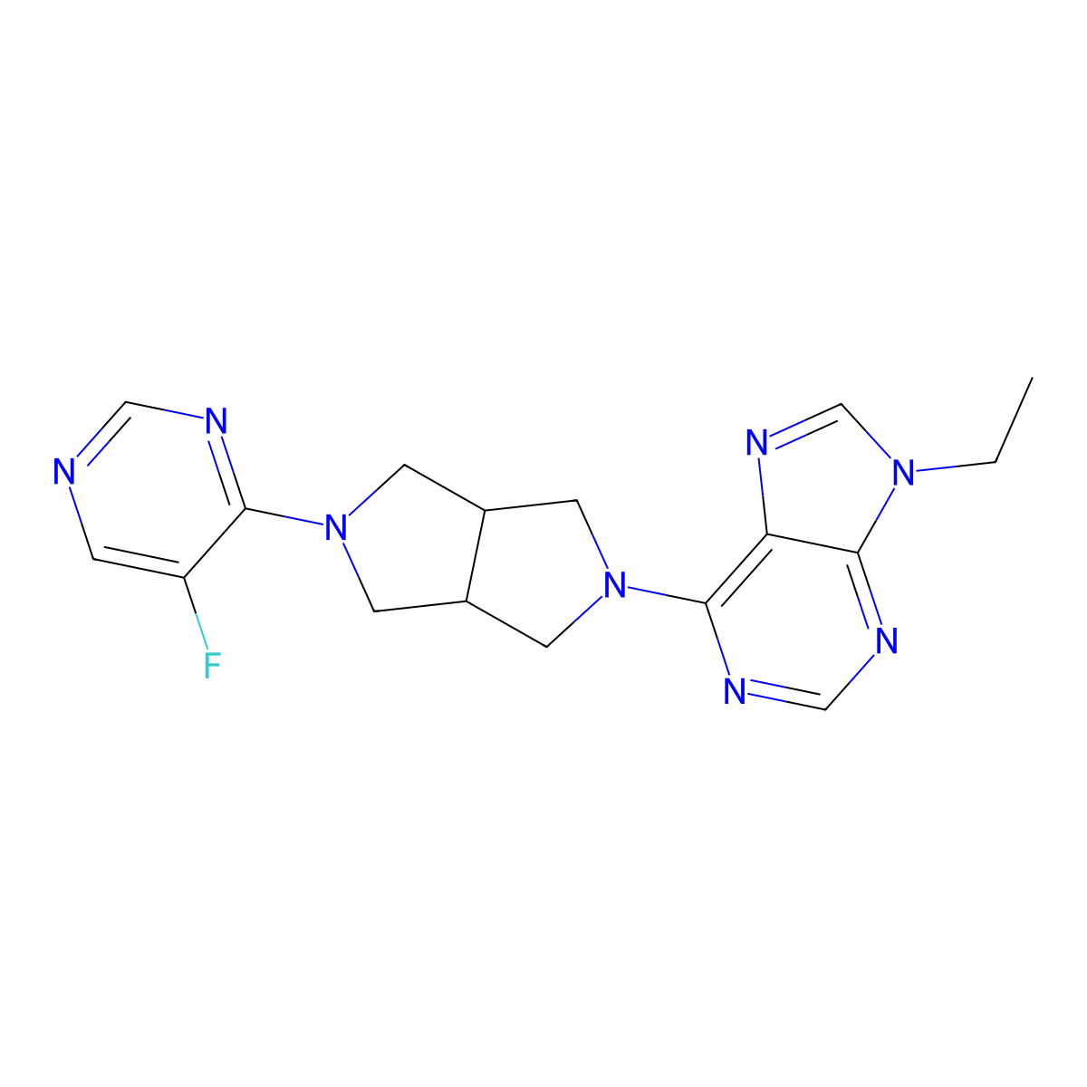 9-ethyl-6-[5-(5-fluoropyrimidin-4-yl)-octahydropyrrolo[3,4-c]pyrrol-2-yl]-9H-purine molecular structure, CAS 2742044-87-5