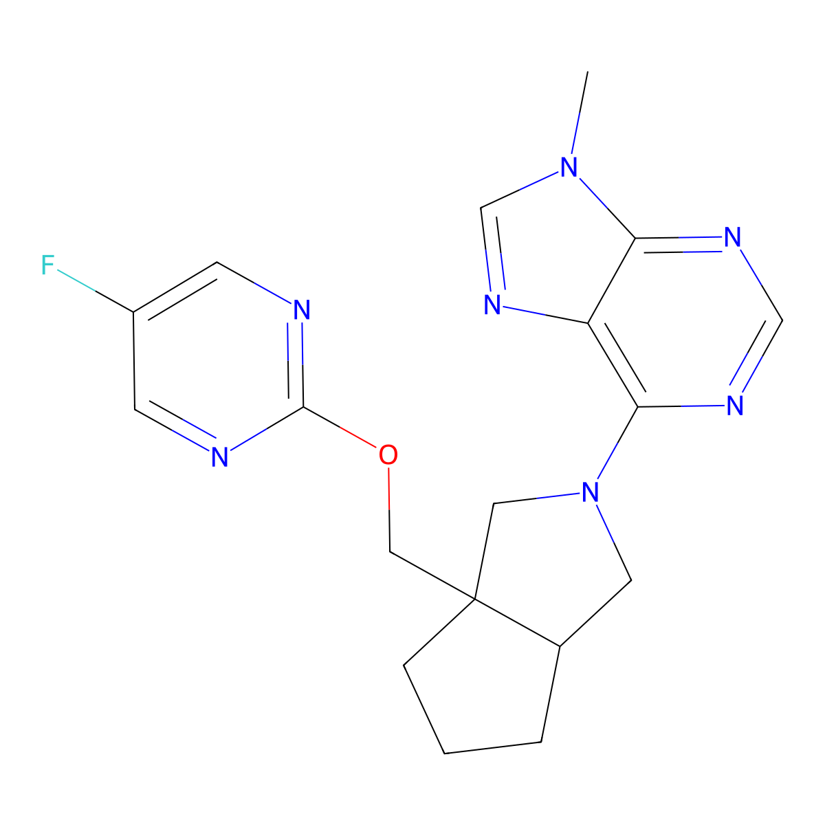 6-(3a-{[(5-fluoropyrimidin-2-yl)oxy]methyl}-octahydrocyclopenta[c]pyrrol-2-yl)-9-methyl-9H-purine molecular structure, CAS 2742044-96-6
