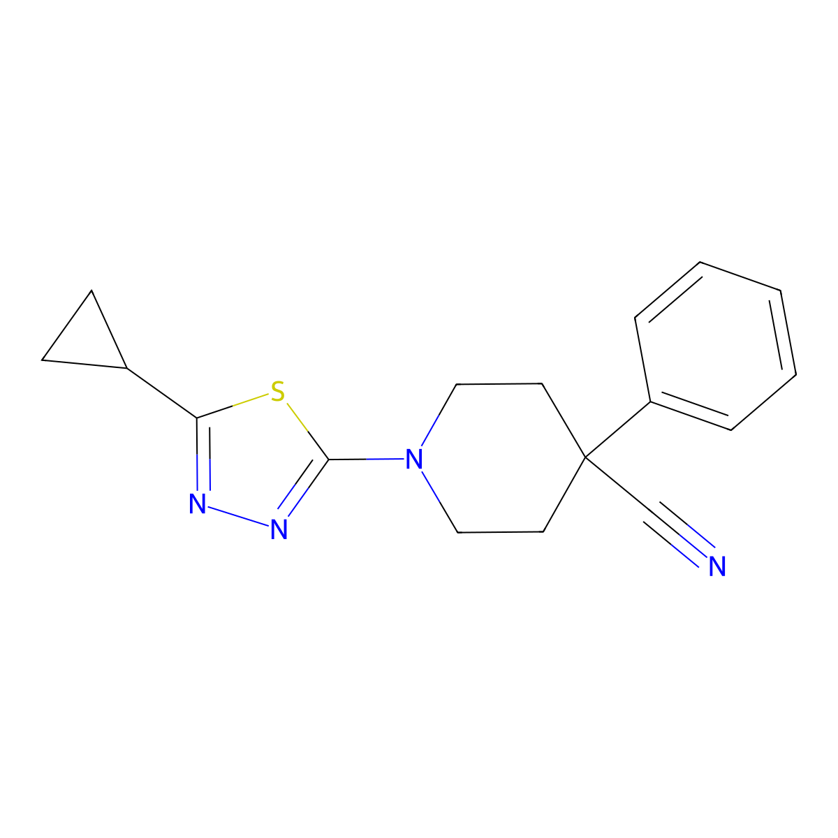 1-(5-Cyclopropyl-1,3,4-thiadiazol-2-yl)-4-phenylpiperidine-4-carbonitrile molecular structure, CAS 2742044-99-9