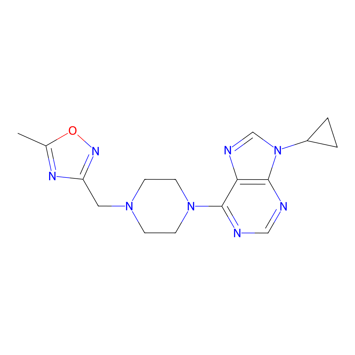 9-cyclopropyl-6-{4-[(5-methyl-1,2,4-oxadiazol-3-yl)methyl]piperazin-1-yl}-9H-purine molecular structure, CAS 2742045-01-6