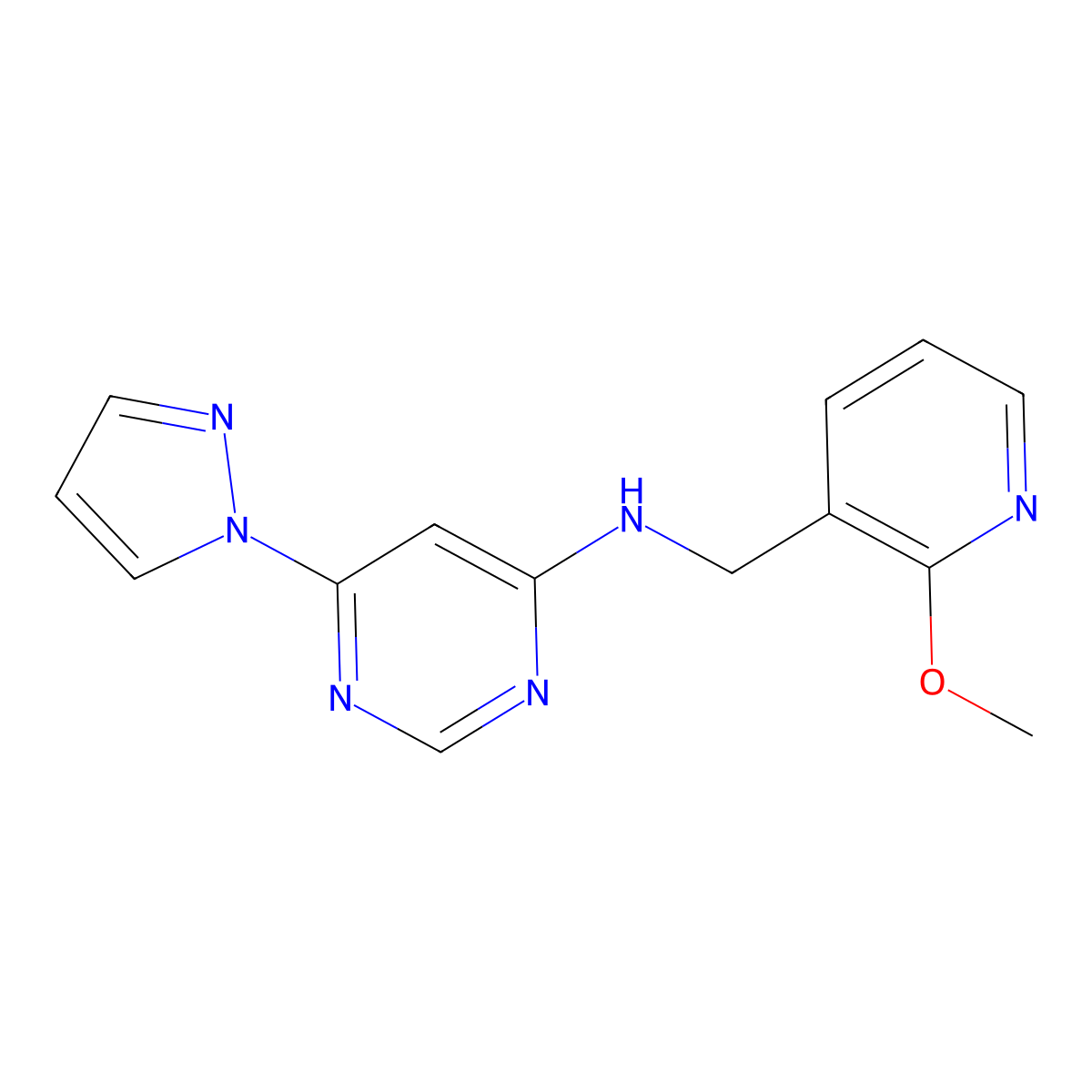 N-[(2-methoxypyridin-3-yl)methyl]-6-(1H-pyrazol-1-yl)pyrimidin-4-amine molecular structure, CAS 2742045-03-8