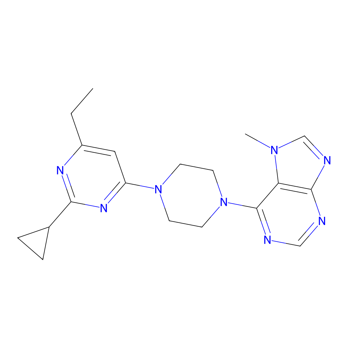 6-[4-(2-cyclopropyl-6-ethylpyrimidin-4-yl)piperazin-1-yl]-7-methyl-7H-purine molecular structure, CAS 2742045-09-4