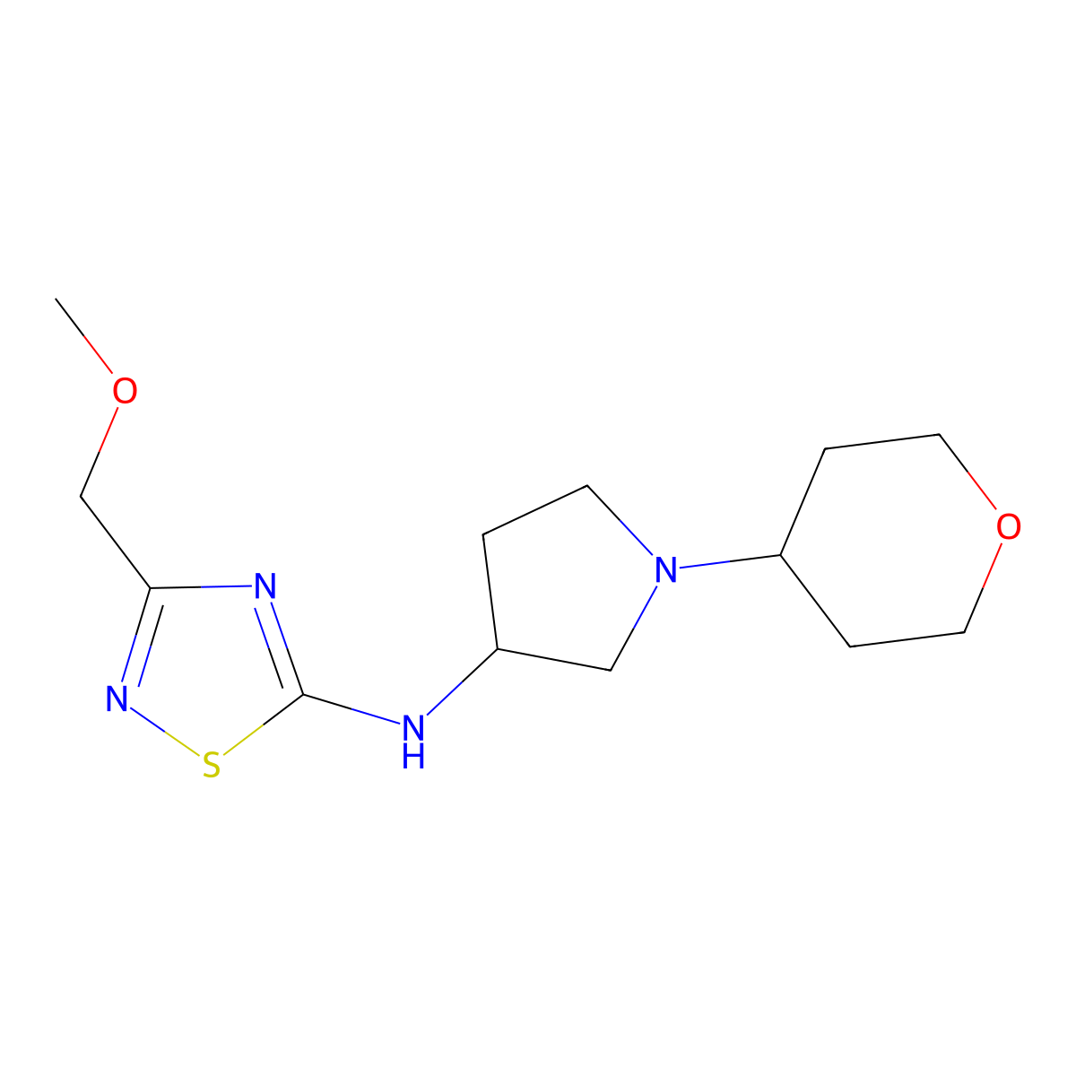 3-(methoxymethyl)-N-[1-(oxan-4-yl)pyrrolidin-3-yl]-1,2,4-thiadiazol-5-amine molecular structure, CAS 2742045-14-1