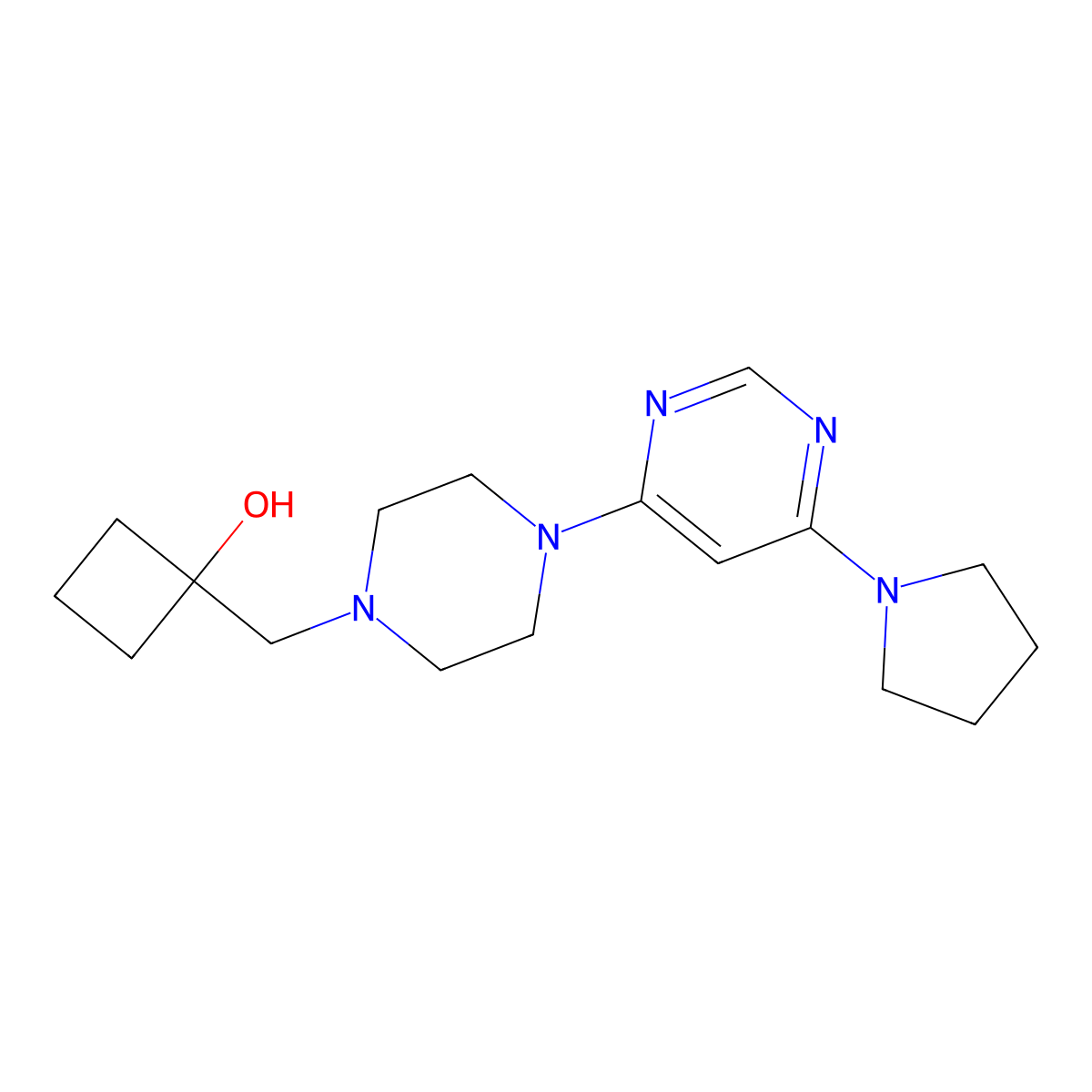 1-({4-[6-(Pyrrolidin-1-yl)pyrimidin-4-yl]piperazin-1-yl}methyl)cyclobutan-1-ol molecular structure, CAS 2742045-15-2