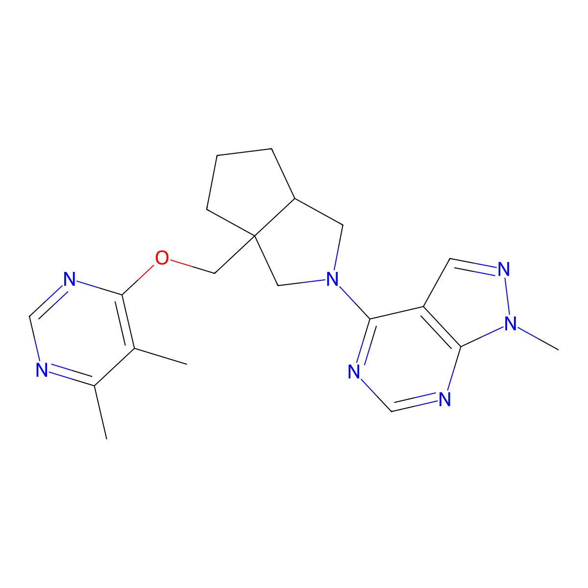4,5-dimethyl-6-[(2-{1-methyl-1H-pyrazolo[3,4-d]pyrimidin-4-yl}-octahydrocyclopenta[c]pyrrol-3a-yl)methoxy]pyrimidine molecular structure, CAS 2742045-21-0