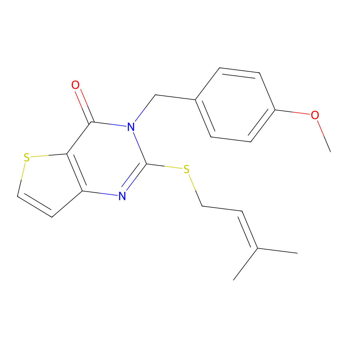 3-[(4-methoxyphenyl)methyl]-2-[(3-methylbut-2-en-1-yl)sulfanyl]-3H,4H-thieno[3,2-d]pyrimidin-4-one molecular structure, CAS 2742045-23-2