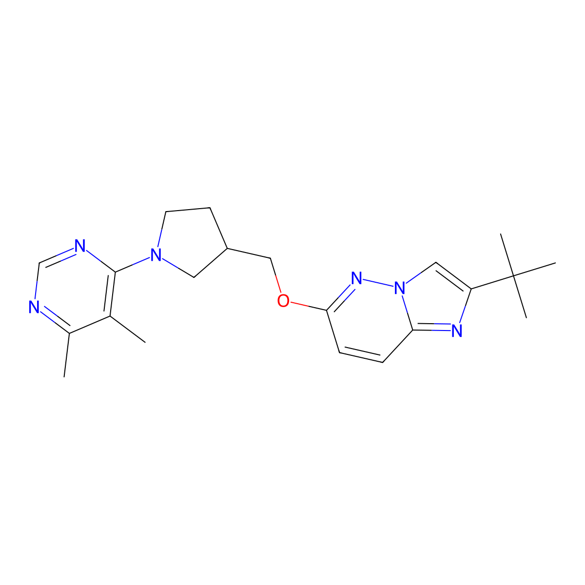 4-{3-[({2-Tert-butylimidazo[1,2-b]pyridazin-6-yl}oxy)methyl]pyrrolidin-1-yl}-5,6-dimethylpyrimidine molecular structure, CAS 2742045-26-5