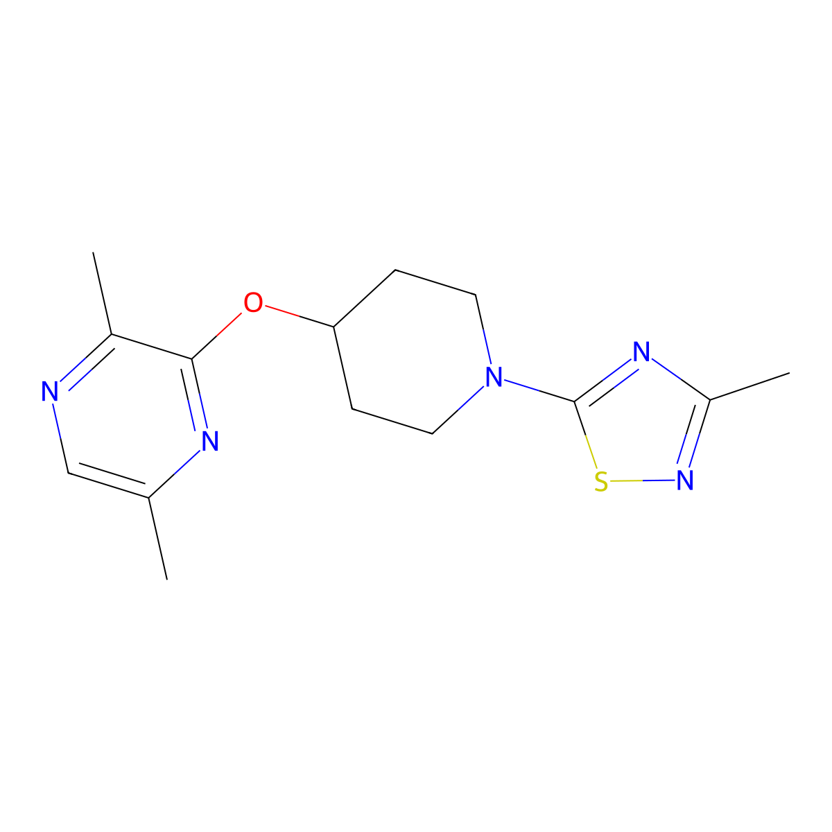 2,5-Dimethyl-3-{[1-(3-methyl-1,2,4-thiadiazol-5-yl)piperidin-4-yl]oxy}pyrazine molecular structure, CAS 2742045-31-2