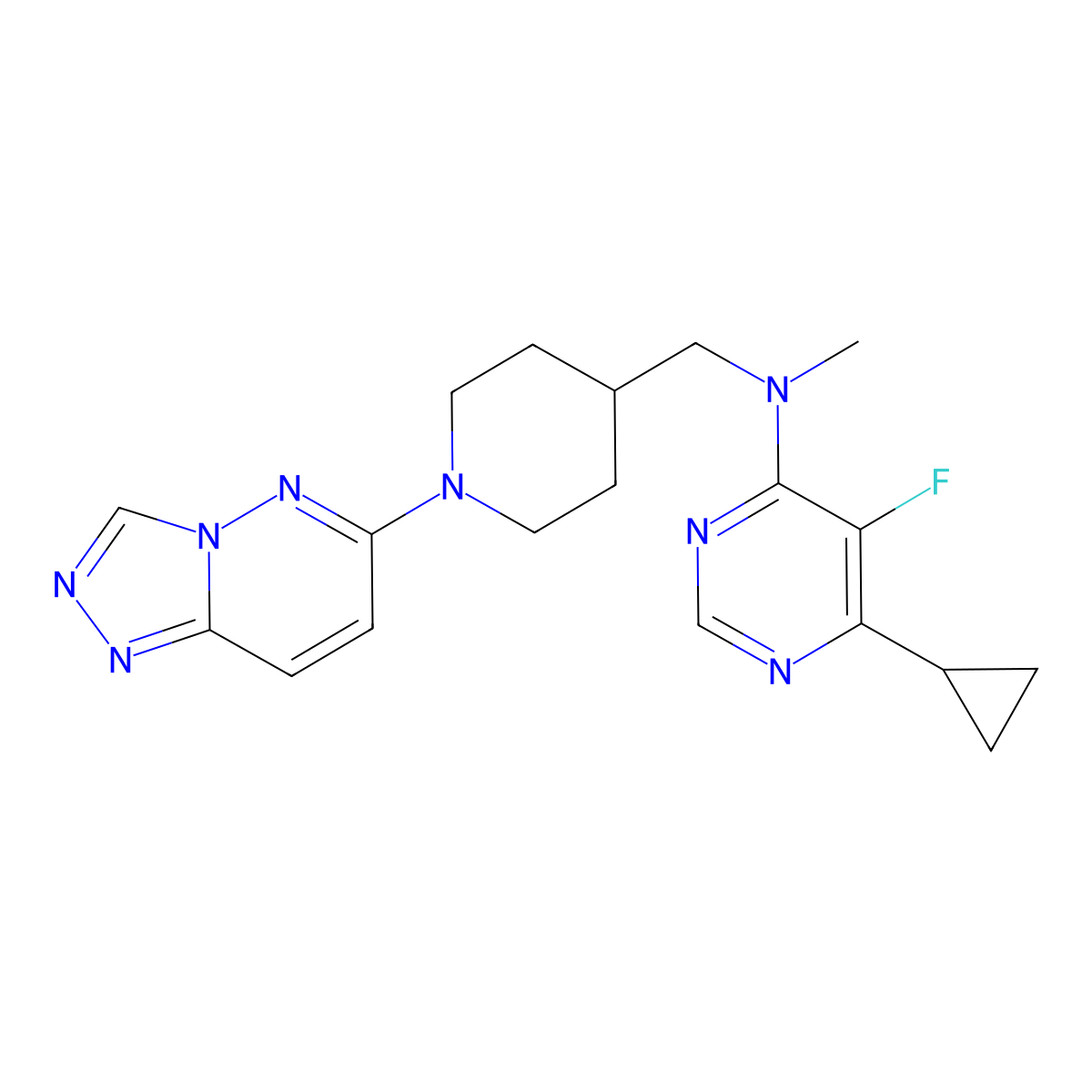 6-cyclopropyl-5-fluoro-N-methyl-N-[(1-{[1,2,4]triazolo[4,3-b]pyridazin-6-yl}piperidin-4-yl)methyl]pyrimidin-4-amine molecular structure, CAS 2742045-40-3