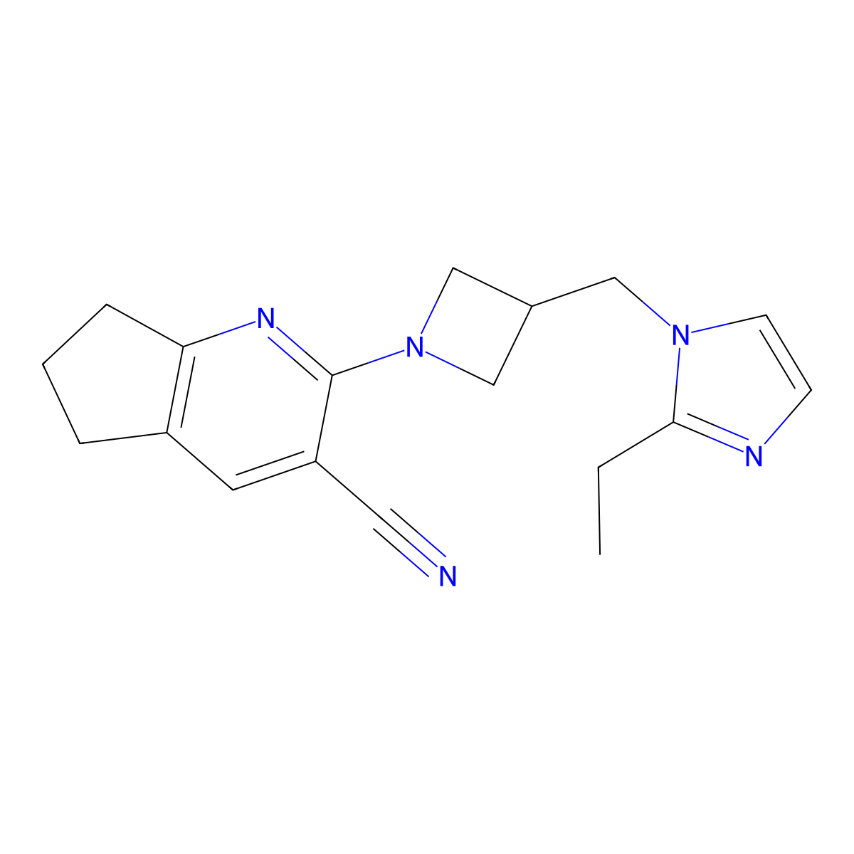 2-{3-[(2-ethyl-1H-imidazol-1-yl)methyl]azetidin-1-yl}-5H,6H,7H-cyclopenta[b]pyridine-3-carbonitrile molecular structure, CAS 2742045-44-7