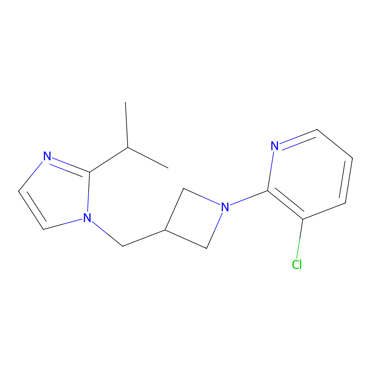 3-chloro-2-(3-{[2-(propan-2-yl)-1H-imidazol-1-yl]methyl}azetidin-1-yl)pyridine molecular structure, CAS 2742045-62-9