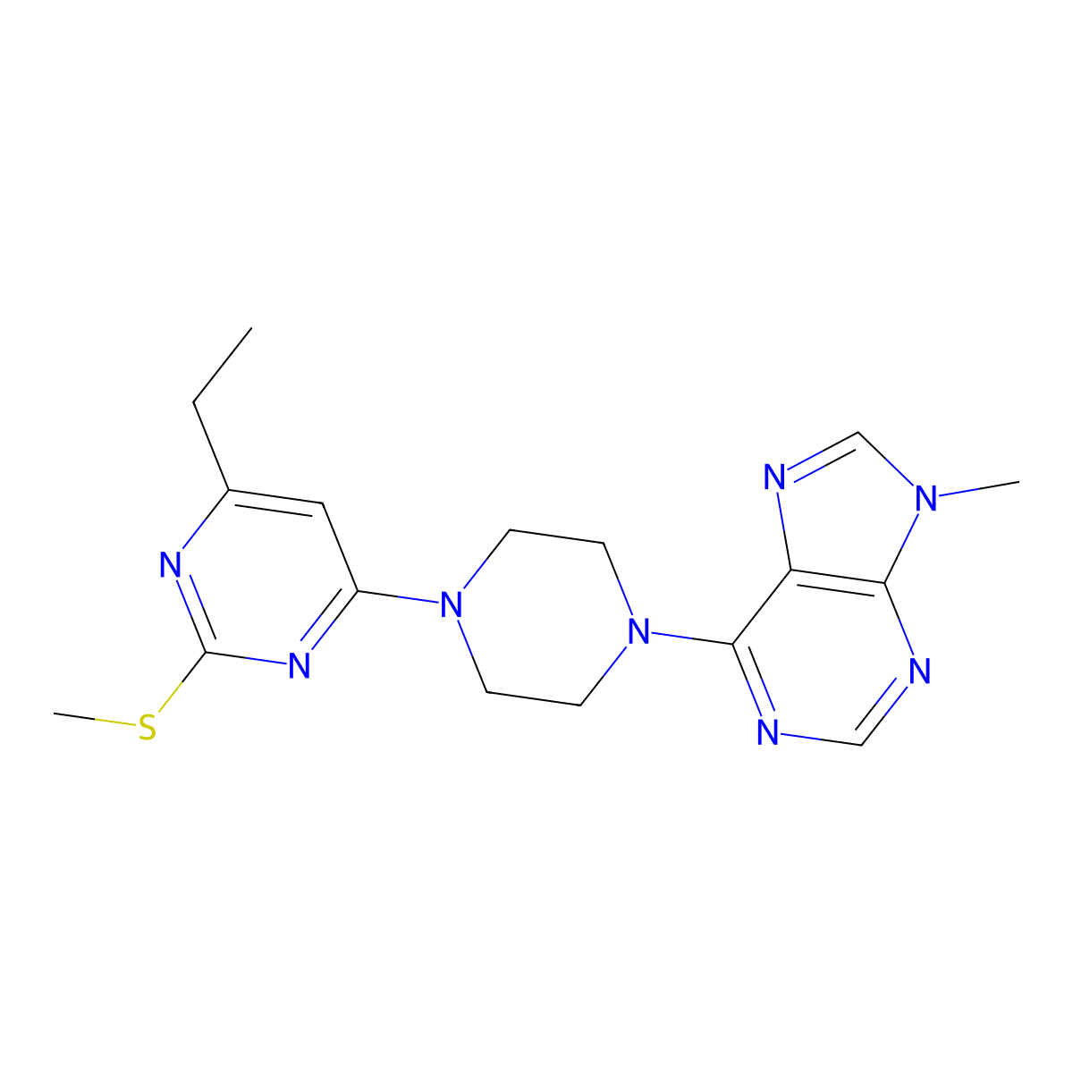 6-{4-[6-ethyl-2-(methylsulfanyl)pyrimidin-4-yl]piperazin-1-yl}-9-methyl-9H-purine molecular structure, CAS 2742045-68-5