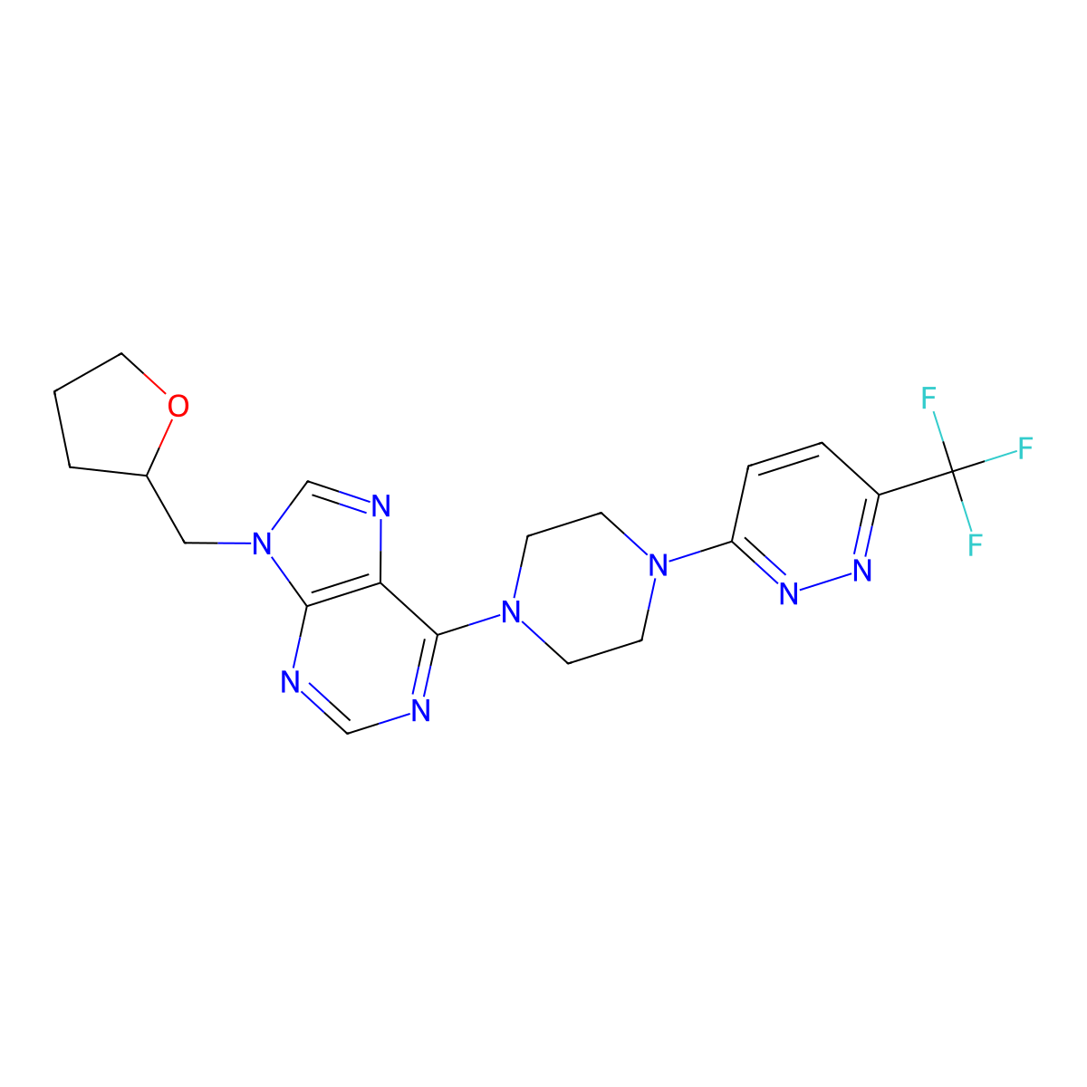 9-[(oxolan-2-yl)methyl]-6-{4-[6-(trifluoromethyl)pyridazin-3-yl]piperazin-1-yl}-9H-purine molecular structure, CAS 2742045-75-4