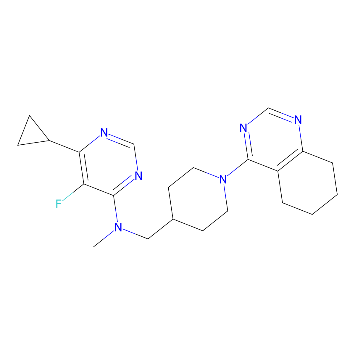 6-cyclopropyl-5-fluoro-N-methyl-N-{[1-(5,6,7,8-tetrahydroquinazolin-4-yl)piperidin-4-yl]methyl}pyrimidin-4-amine molecular structure, CAS 2742045-89-0