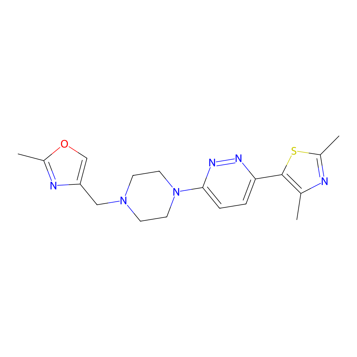 3-(2,4-Dimethyl-1,3-thiazol-5-yl)-6-{4-[(2-methyl-1,3-oxazol-4-yl)methyl]piperazin-1-yl}pyridazine molecular structure, CAS 2742045-90-3