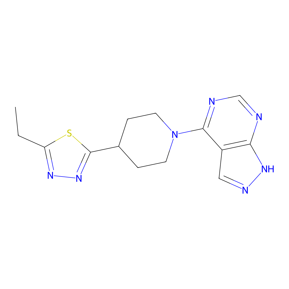 4-(5-ethyl-1,3,4-thiadiazol-2-yl)-1-{1H-pyrazolo[3,4-d]pyrimidin-4-yl}piperidine molecular structure, CAS 2742046-08-6
