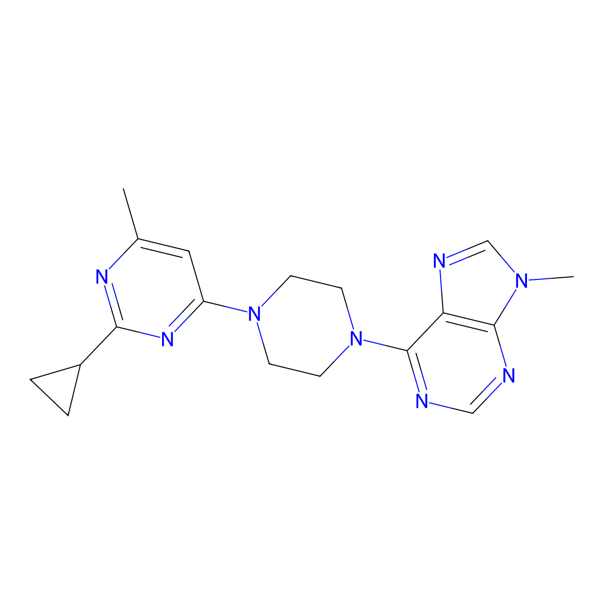 6-[4-(2-cyclopropyl-6-methylpyrimidin-4-yl)piperazin-1-yl]-9-methyl-9H-purine molecular structure, CAS 2742046-13-3