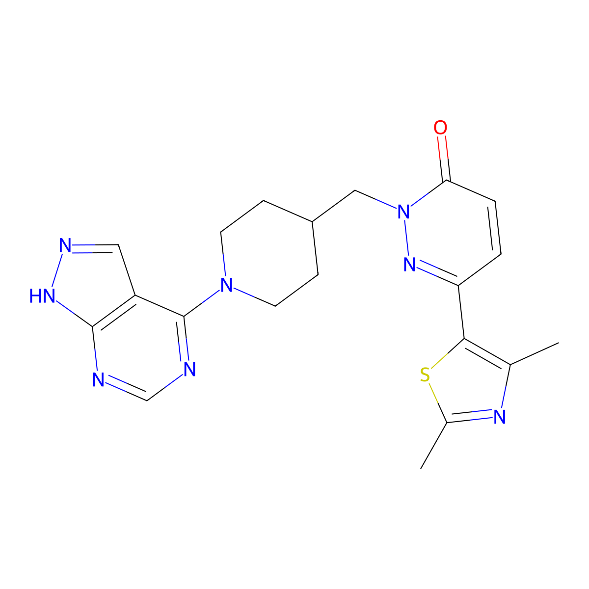 6-(2,4-dimethyl-1,3-thiazol-5-yl)-2-[(1-{1H-pyrazolo[3,4-d]pyrimidin-4-yl}piperidin-4-yl)methyl]-2,3-dihydropyridazin-3-one molecular structure, CAS 2742046-15-5