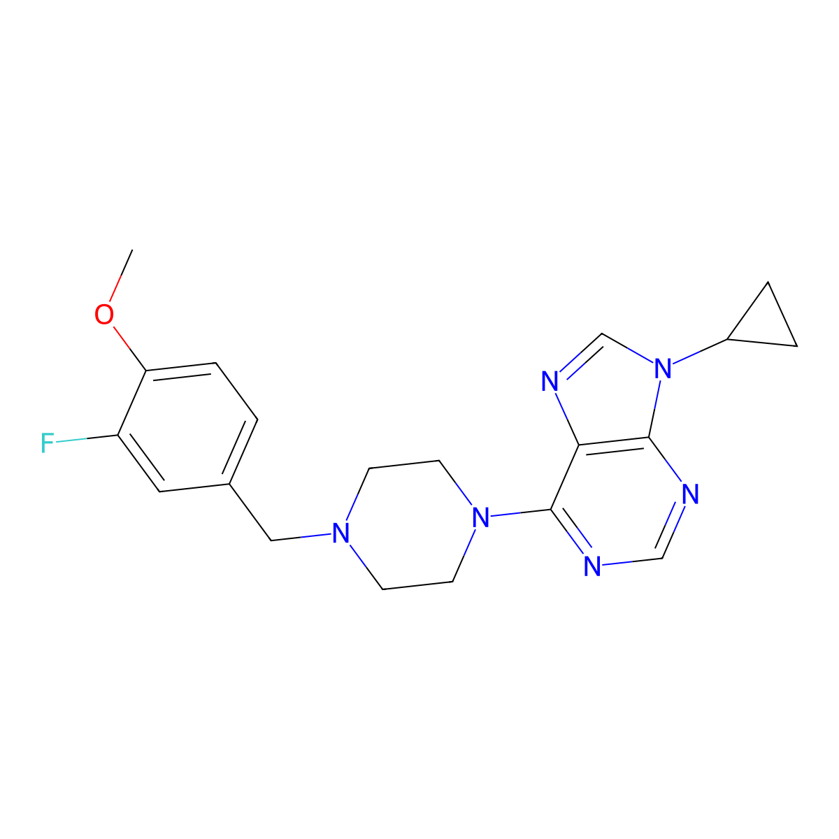 9-cyclopropyl-6-{4-[(3-fluoro-4-methoxyphenyl)methyl]piperazin-1-yl}-9H-purine molecular structure, CAS 2742046-18-8