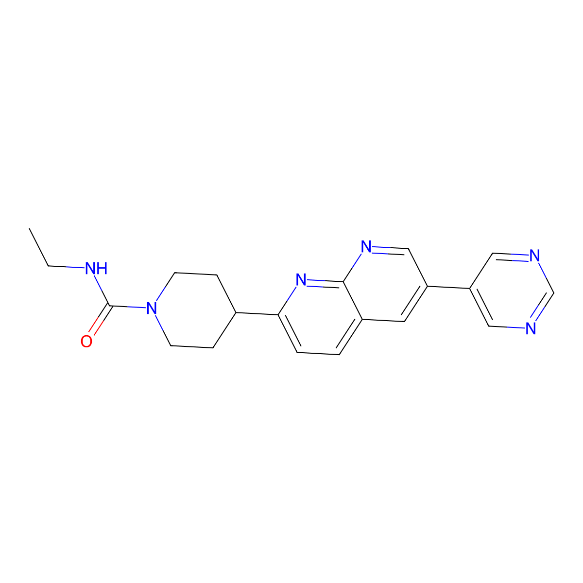 N-ethyl-4-[6-(pyrimidin-5-yl)-1,8-naphthyridin-2-yl]piperidine-1-carboxamide molecular structure, CAS 2742046-20-2
