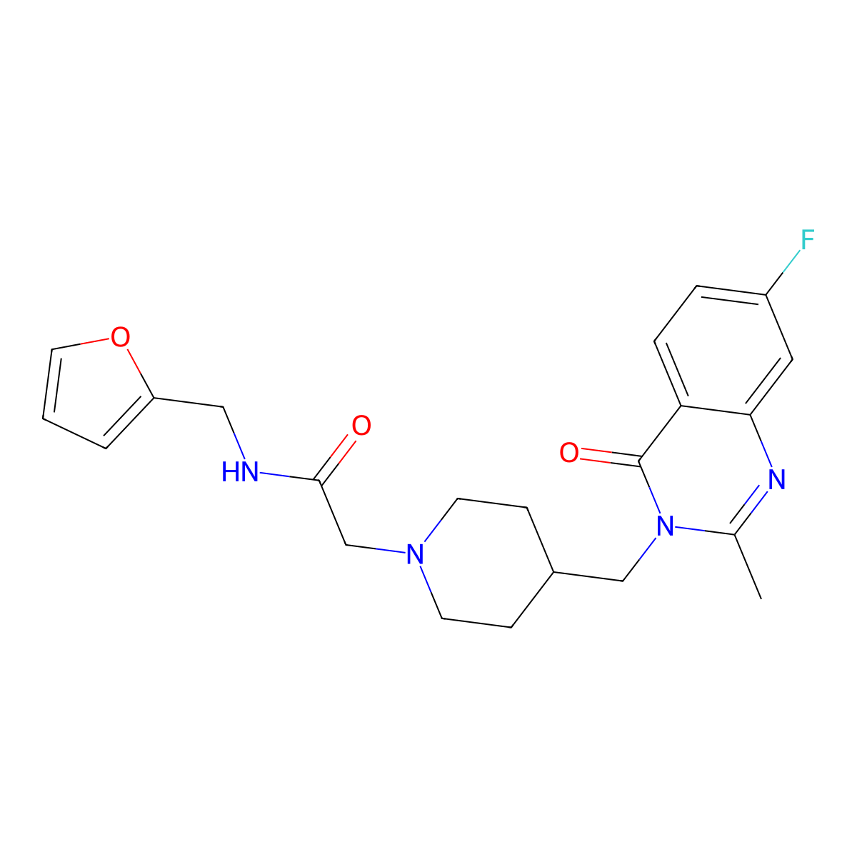 2-{4-[(7-fluoro-2-methyl-4-oxo-3,4-dihydroquinazolin-3-yl)methyl]piperidin-1-yl}-N-[(furan-2-yl)methyl]acetamide molecular structure, CAS 2742046-22-4