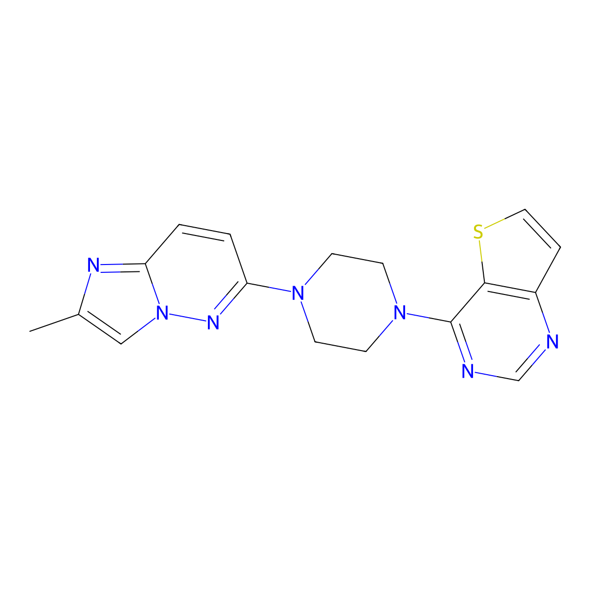 1-{2-Methylimidazo[1,2-b]pyridazin-6-yl}-4-{thieno[3,2-d]pyrimidin-4-yl}piperazine molecular structure, CAS 2742046-25-7