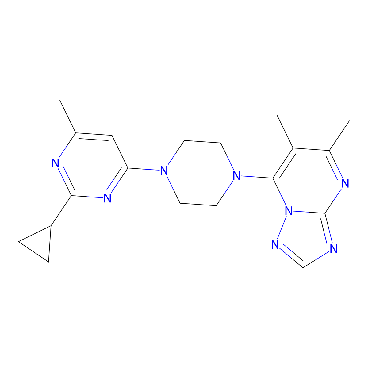 2-Cyclopropyl-4-(4-{5,6-dimethyl-[1,2,4]triazolo[1,5-a]pyrimidin-7-yl}piperazin-1-yl)-6-methylpyrimidine molecular structure, CAS 2742046-27-9