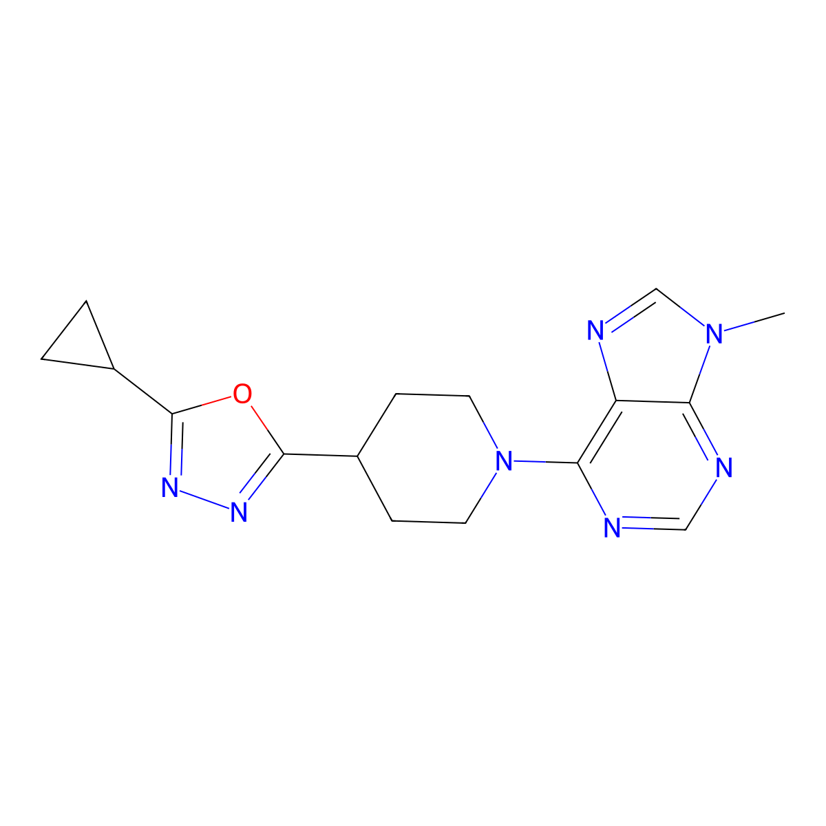 6-[4-(5-cyclopropyl-1,3,4-oxadiazol-2-yl)piperidin-1-yl]-9-methyl-9H-purine molecular structure, CAS 2742046-33-7